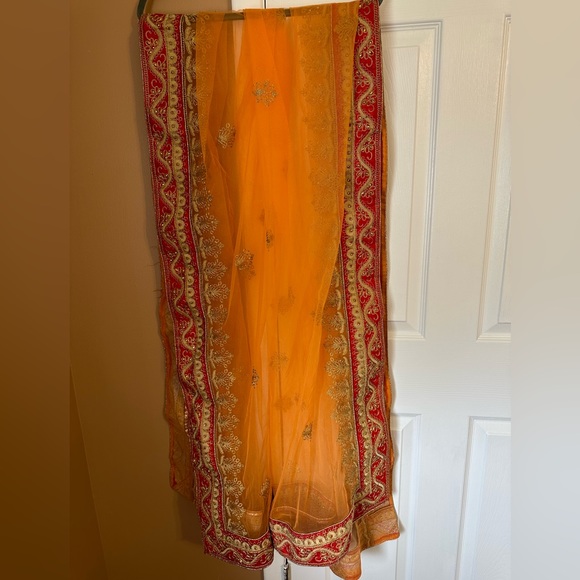 Orange and red net dupatta with gold thread-work and sequins - Picture 6 of 6